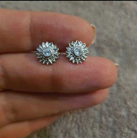 Silver Sunflower Stud Earrings - Picture 2 of 2